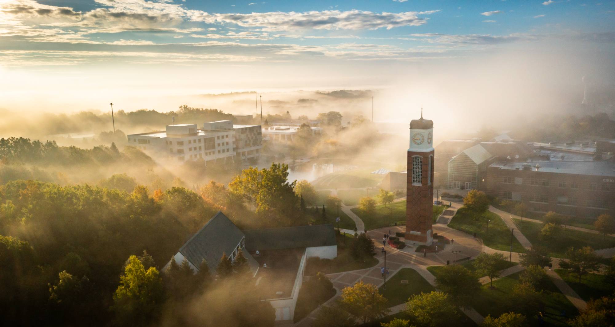 Grand Valley Allendale campus; drone shot foggy